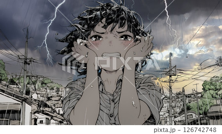 雷にひどく怯えている若い女性。