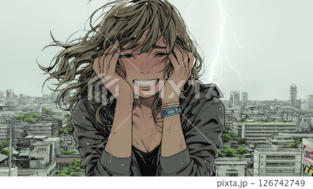 雷にひどく怯えている若い女性。
