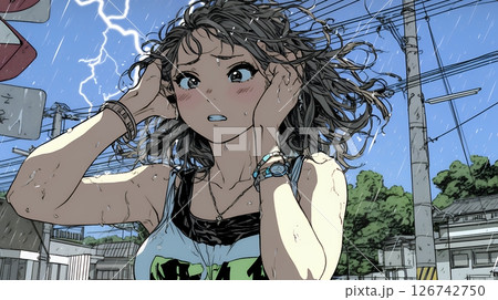 雷にひどく怯えている若い女性。