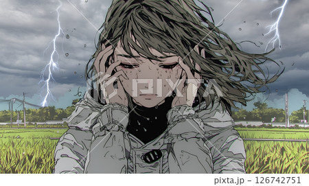 雷にひどく怯えている若い女性。