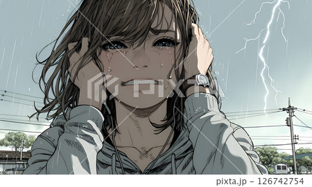雷にひどく怯えている若い女性。