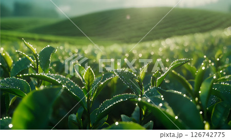 朝露のついた茶葉の畑 126742775