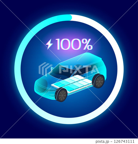 EV SUV Charging illustration showing an electric vehicle with a visible battery and 100% charge, surrounded by a glowing progress circle on a futuristic dark background. EV SUV Charging illustration showing an electric vehicle with a visible battery and 100% charge, surrounded by a glowing progress circle on a futuristic dark background. 126743111