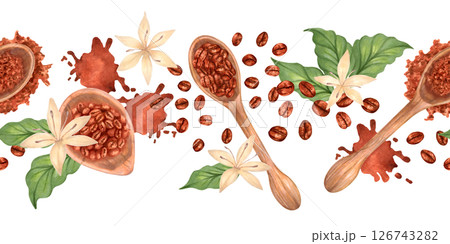 Seamless border of coffee beans in wooden spoons on background with leaves, flowers, coffee grounds, spilled coffee. Hand drawn isolated watercolor illustration. Packaging, cookbooks, menu. Seamless border of coffee beans in wooden spoons on background with leaves, flowers, coffee grounds, spilled coffee. Hand drawn isolated watercolor illustration. Packaging, cookbooks, menu. 126743282