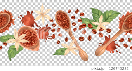 Seamless border of coffee beans in wooden spoons on background with leaves, flowers, coffee grounds, spilled coffee. Hand drawn isolated watercolor illustration. Packaging, cookbooks, menu. Seamless border of coffee beans in wooden spoons on background with leaves, flowers, coffee grounds, spilled coffee. Hand drawn isolated watercolor illustration. Packaging, cookbooks, menu. 126743282