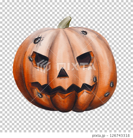 Large orange pumpkin with a face for Halloween. Bugs and spiders crawl on the pumpkin. Jack's head. Watercolor illustration without background. Hand drawing. High quality illustration Large orange pumpkin with a face for Halloween. Bugs and spiders crawl on the pumpkin. Jack's head. Watercolor illustration without background. Hand drawing. High quality illustration 126743318