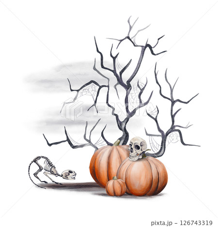 Pumpkins with a skull and a skeleton of an animal on the background of a scary tree and fog. The skeleton of a cat was scared. The plot for Halloween. Watercolor illustration. Hand drawing.  126743319
