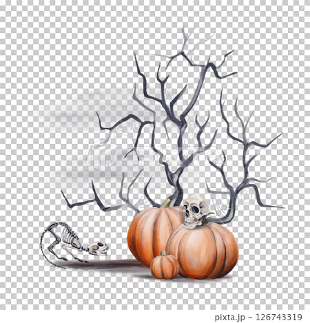 Pumpkins with a skull and a skeleton of an animal on the background of a scary tree and fog. The skeleton of a cat was scared. The plot for Halloween. Watercolor illustration. Hand drawing.  126743319