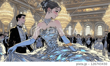 「社交ダンス（ボールルームダンス）パーティに参加している若い女性」のイラストに適する日本語の単語の羅