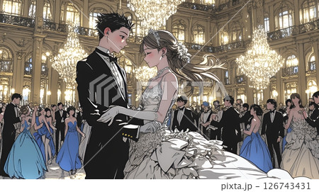 「社交ダンス（ボールルームダンス）パーティに参加している若い女性」のイラストに適する日本語の単語の羅