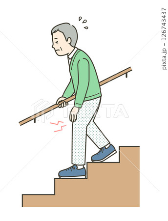 膝の痛みがあり辛そうに階段を下る高齢男性のイラスト 126743437