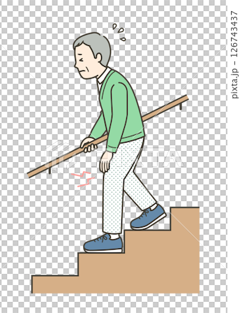 膝の痛みがあり辛そうに階段を下る高齢男性のイラスト 126743437