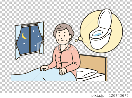 Illustration of an elderly woman suffering from frequent urination at night, feeling stressed because she feels the need to urinate while sleeping 126743673