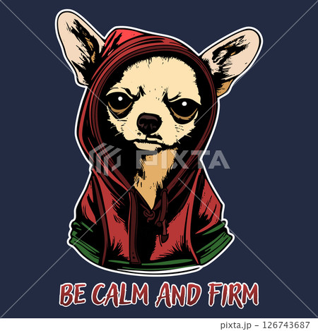 A serious chihuahua in a hoodie with the inscription, Be Calm and Firm stylish print for clothes and stickers 126743687