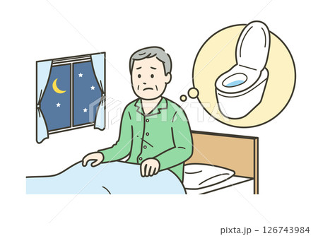 睡眠中に尿意を覚えストレスを感じる夜間頻尿に悩む高齢男性のイラスト 睡眠中に尿意を覚えストレスを感じる夜間頻尿に悩む高齢男性のイラスト 126743984