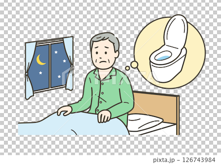 睡眠中に尿意を覚えストレスを感じる夜間頻尿に悩む高齢男性のイラスト 睡眠中に尿意を覚えストレスを感じる夜間頻尿に悩む高齢男性のイラスト 126743984