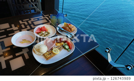 Dining Room Buffet aboard the abstract luxury cruise ship. 126743989