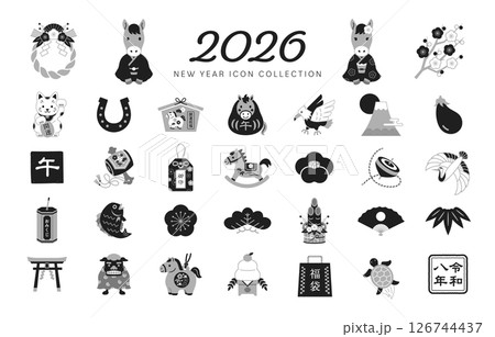 午年の年賀状素材イラスト・アイコンのセット（2026年正月）/ モノクロ 126744437