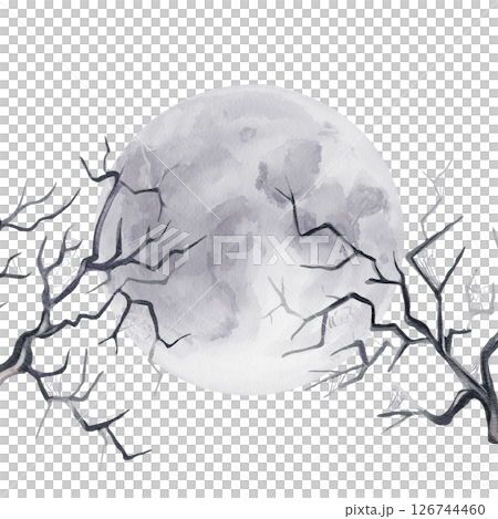 Scary Halloween card. Template for inscription. Full moon and branches of creepy trees. Watercolor illustration without background. Hand drawing. High quality illustration Scary Halloween card. Template for inscription. Full moon and branches of creepy trees. Watercolor illustration without background. Hand drawing. High quality illustration 126744460