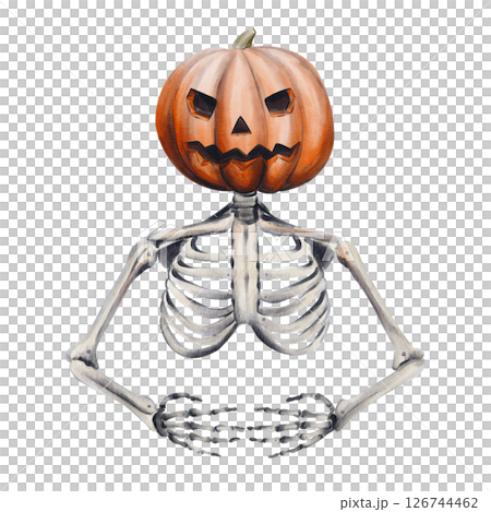 Human skeleton with a pumpkin head. The pumpkin has a face carved into it. Jet's head. Ghost or zombie. Halloween decor. Watercolor illustration without background. Hand drawn. High quality 126744462