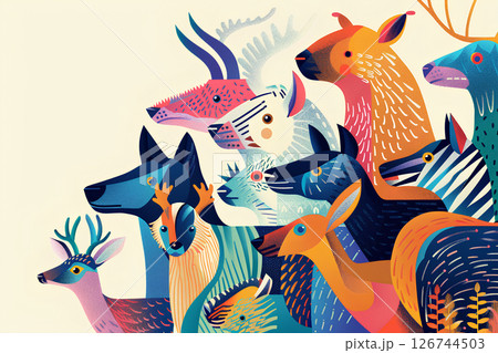 カラフルなアニマルたちの集合 カラフルなアニマルたちの集合 126744503
