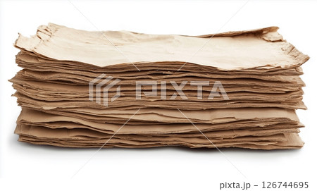 stack of corrugated cardboard boxes. The boxes are stacked on top of each other and are of different sizes and shapes. The topmost box is open 126744695
