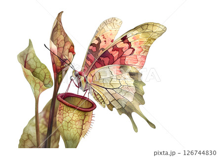 蝶々・アゲハ蝶と食虫植物のウズボカズラ（水彩画） 126744830
