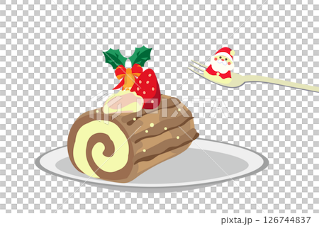 聖誕老人用叉子舀起聖誕裝飾物的插圖 126744837