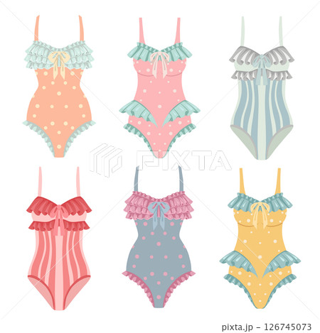 Vector clip arts of retro-style ruffled swimsuits. Feminine swimwear in flat cartoon style 126745073