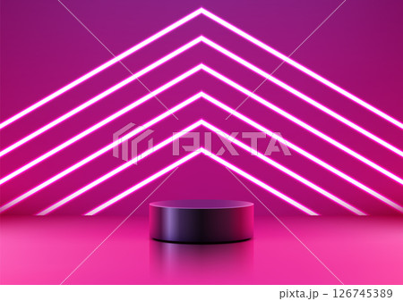 modern neon arrow lines on glossy pink purple platform technology concept futuristic dynamic backdrop product display mockup 126745389