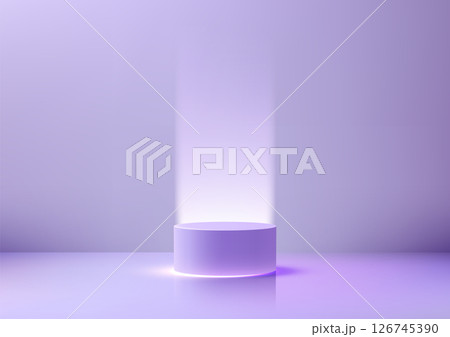 lavender cylindrical podium with ethereal light beam on reflective surface, modern technology concept mockup 126745390