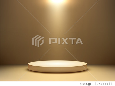 minimalist beige 3d round stage platform illuminated by spotlight award ceremony product display mockup 126745411