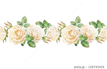 Roses seamless border. Vintage pastel flowers. Hand drawn watercolor illustration isolated on white. For birthday cards, valentines day, mothers day, wedding invitations, posters, wallpapers. Roses seamless border. Vintage pastel flowers. Hand drawn watercolor illustration isolated on white. For birthday cards, valentines day, mothers day, wedding invitations, posters, wallpapers. 126745424