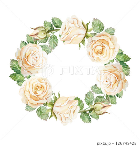 Roses wreath. Round frame of vintage pastel flowers. Hand drawn watercolor illustration isolated on white. For birthday cards, Valentines day, Mothers day, wedding invitations, posters, wallpapers. Roses wreath. Round frame of vintage pastel flowers. Hand drawn watercolor illustration isolated on white. For birthday cards, Valentines day, Mothers day, wedding invitations, posters, wallpapers. 126745428