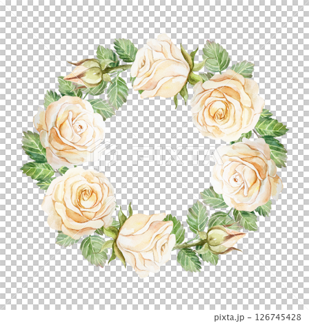 Roses wreath. Round frame of vintage pastel flowers. Hand drawn watercolor illustration isolated on white. For birthday cards, Valentines day, Mothers day, wedding invitations, posters, wallpapers. Roses wreath. Round frame of vintage pastel flowers. Hand drawn watercolor illustration isolated on white. For birthday cards, Valentines day, Mothers day, wedding invitations, posters, wallpapers. 126745428