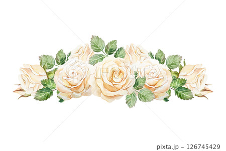 Roses horizontal banner. Vintage postcard. Hand drawn watercolor illustration isolated on white. For wedding invitations, birthday, mothers day, valentines day banners, posters. 126745429