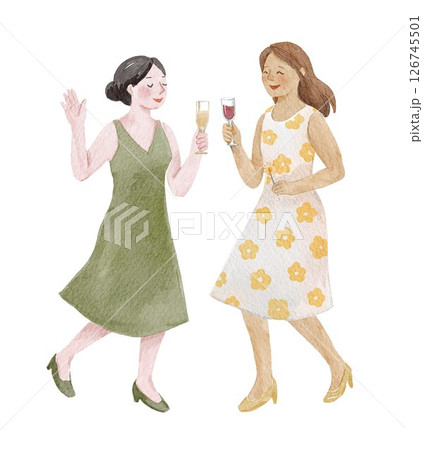 Watercolor hand drawn illustration of women dancing and celebrating at a party with drinks. Perfect for party, holiday, or festive themes. Watercolor hand drawn illustration of women dancing and celebrating at a party with drinks. Perfect for party, holiday, or festive themes. 126745501