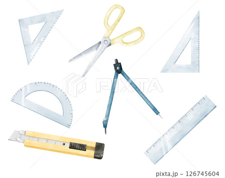 水彩画風の定規とハサミとカッターと分度器のイラストセット 水彩画風の定規とハサミとカッターと分度器のイラストセット 126745604