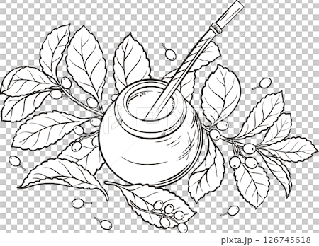 Mate Tea in Calabash and Yerba Mate Branch  Isolated for Design and Decoration for Cafeteria, Posters, Banners, Cards. Aroma Beverage Outline Illustration.  126745618