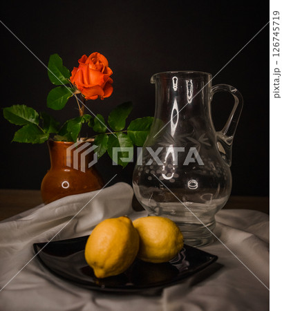 still life on white cloth with red roses 126745719