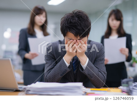 高圧的な職場環境、仕事に苦しむ疲れたアジア人男性、背後にぼやけたチーム 126746059