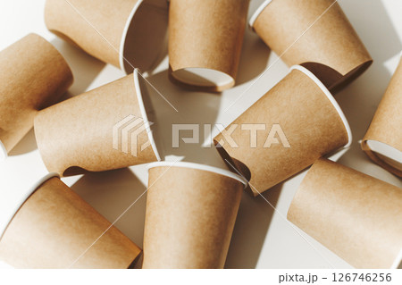 Many Recyclable Cardboard Disposable Cups on White. 126746256