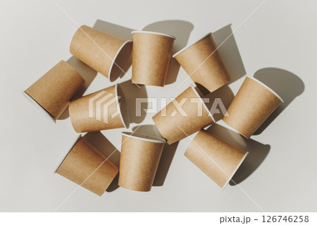 Many Recyclable Cardboard Disposable Cups on White. 126746258