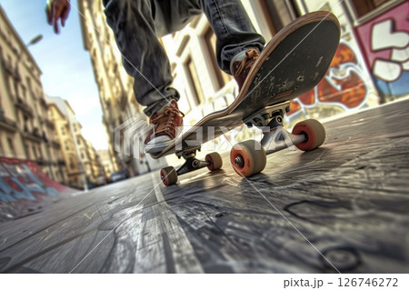 Skilled maneuver. Man rides longboard in squat position, bottom view. 126746272