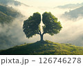 Tree with a crown shaped like lungs, standing alone in the mountains on a foggy morning. Trees that produce oxygen 126746278