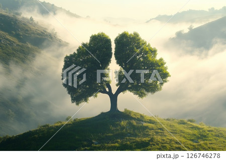 Tree with a crown shaped like lungs, standing alone in the mountains on a foggy morning. Trees that produce oxygen 126746278