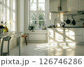 contemporary kitchen spice kitchen with grey cabinets white marble counter with sun light and shadows 126746286