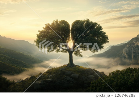 Tree with a crown shaped like lungs, standing alone in the mountains on a foggy morning. Trees that produce oxygen 126746288
