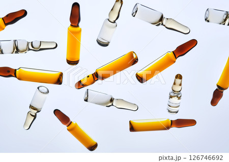 Various ampoules with drugs. View from below. 126746692