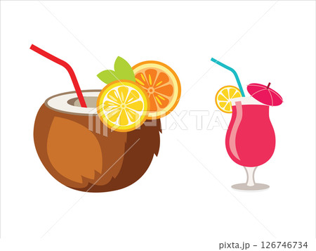 Set of cocktails. Pink cocktail with umbrella and Pina colada in coconut with slice of oranges. Vector illustration in cartoon style for parties, holidays, beach. Set of cocktails. Pink cocktail with umbrella and Pina colada in coconut with slice of oranges. Vector illustration in cartoon style for parties, holidays, beach. 126746734